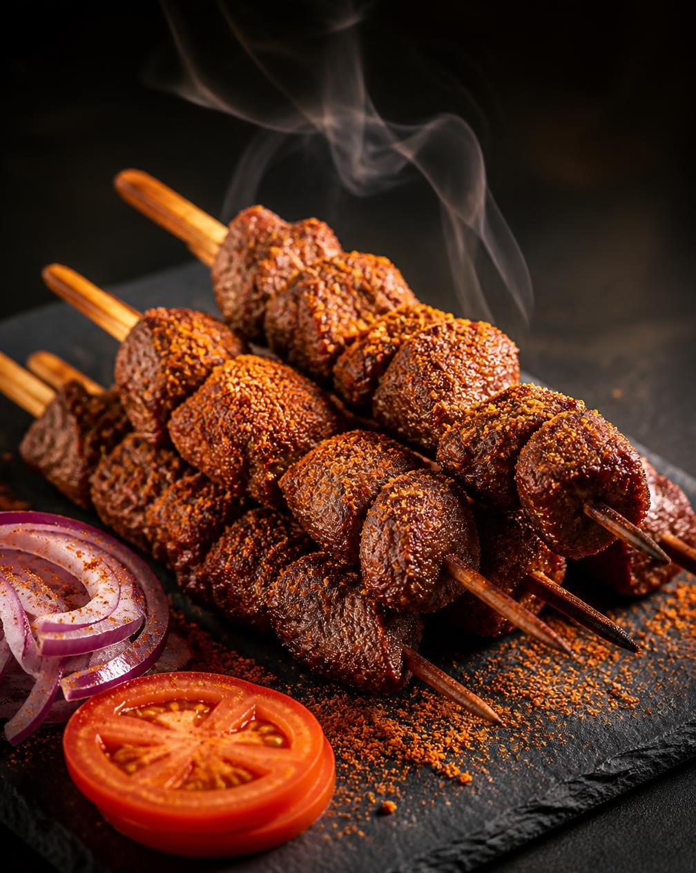 Suya — Char-grilled yaji-spiced beef skewers, red onion, tomato and a squeeze of lime.