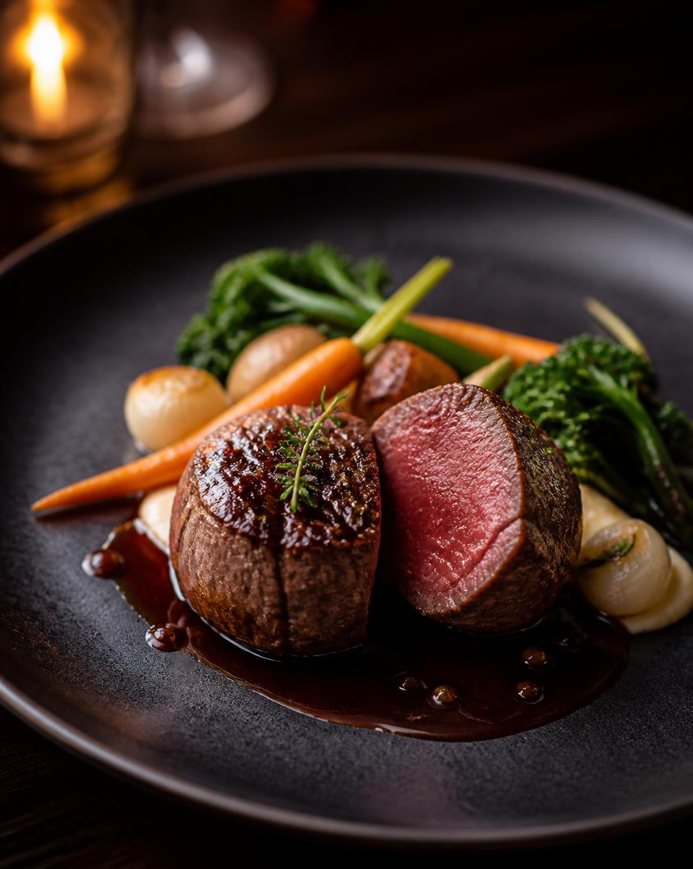 Beef Tenderloin — Premium grilled tenderloin, seasonal vegetables and a red wine jus.