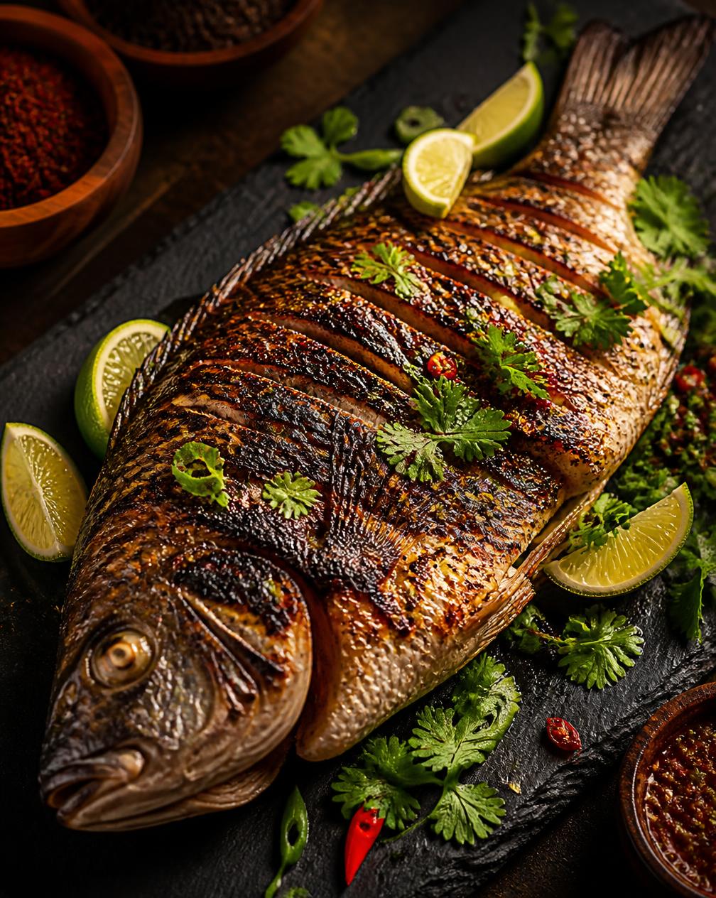 Grilled Tilapia — Whole tilapia scored and grilled over charcoal, fresh herbs, chilli and lime.