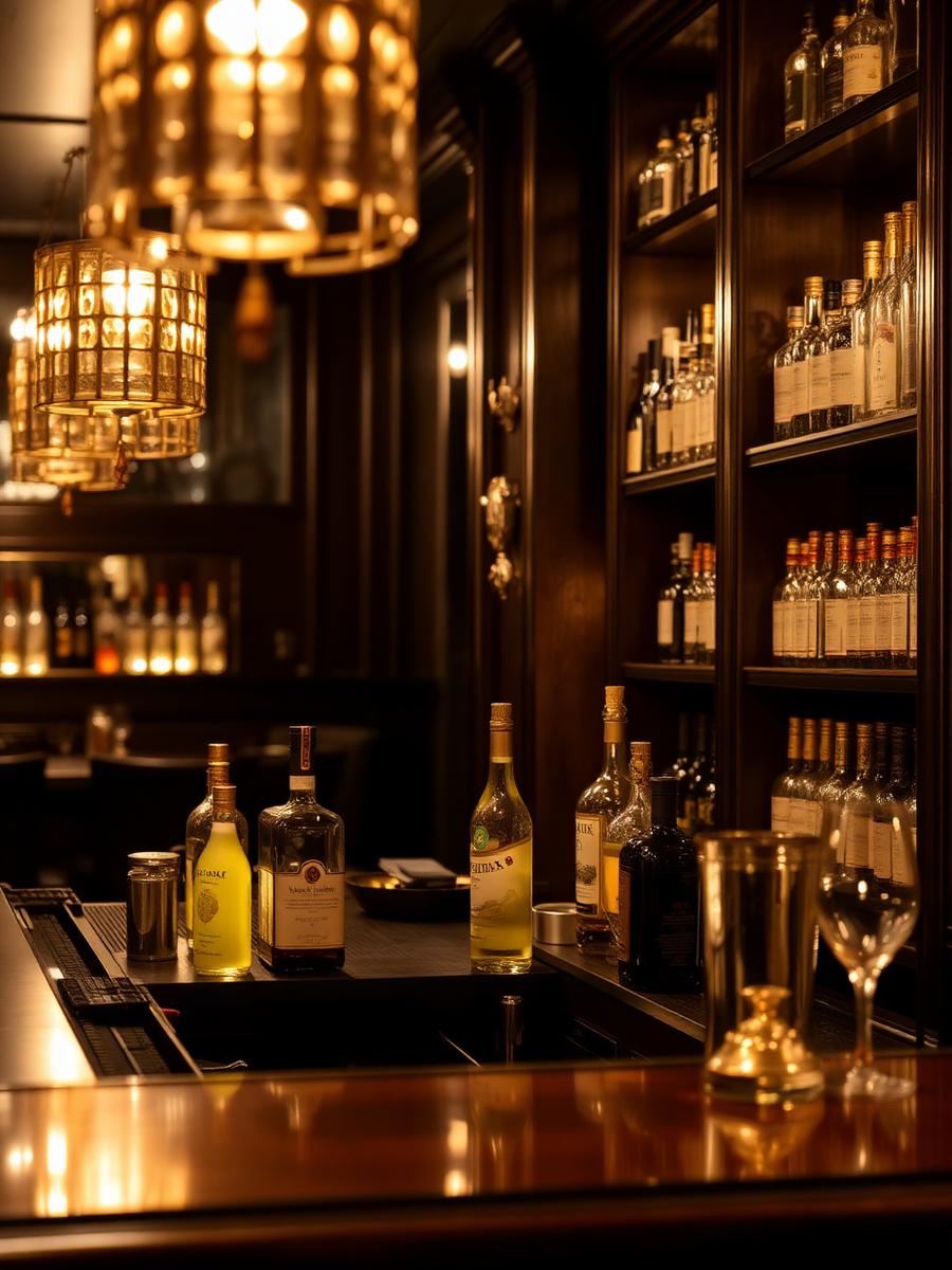Backlit bottles and brass detailing at the Lumière bar
