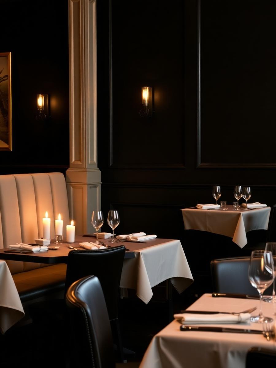 The Dining Room at Lumière — Forty covers under low light, dark timber and hand-woven textile screens. The heart of the house.