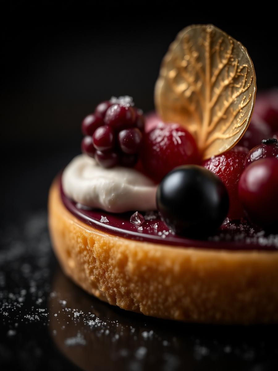 Close-up of a dessert finished with gold leaf and berries