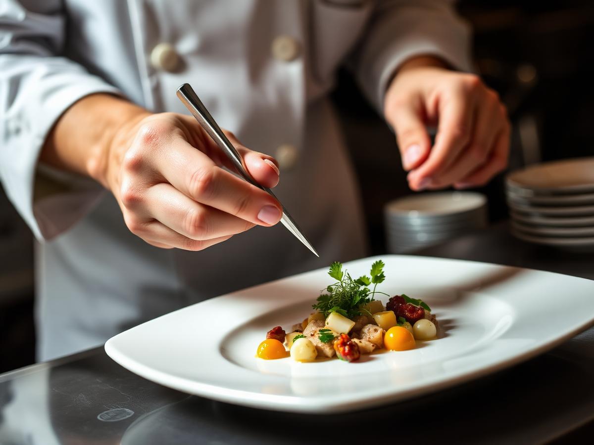 Chef plating a dish with tweezers in the Lumière kitchen