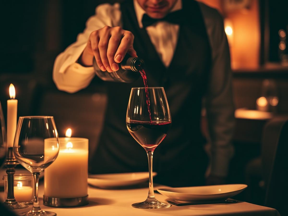 A sommelier pouring wine at a candlelit table at Lumière
