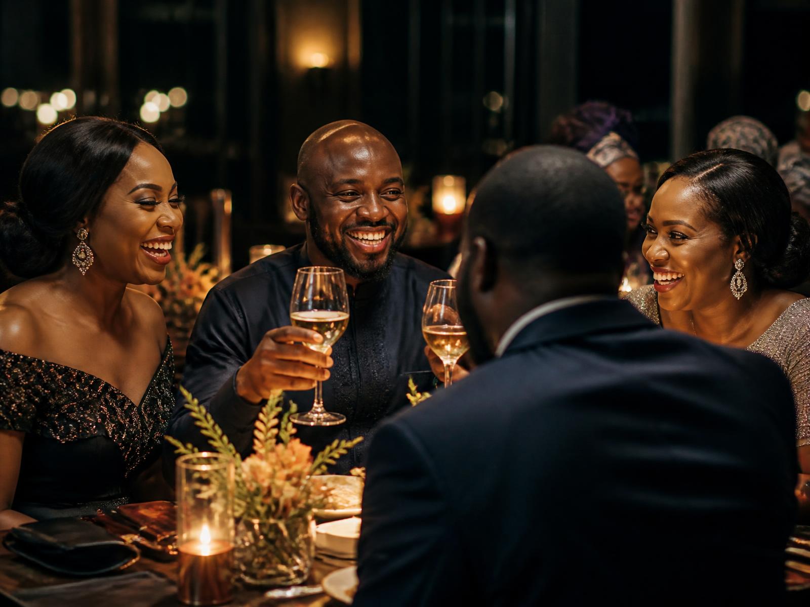 Guests raising glasses at a candlelit table at Lumière