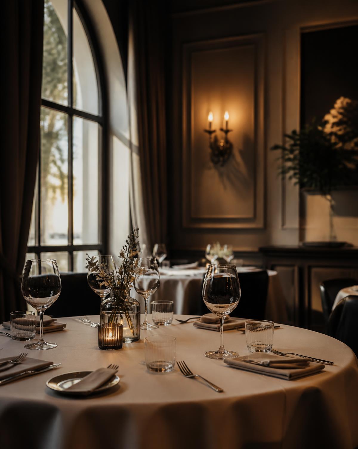 The Lumière dining room set for evening service