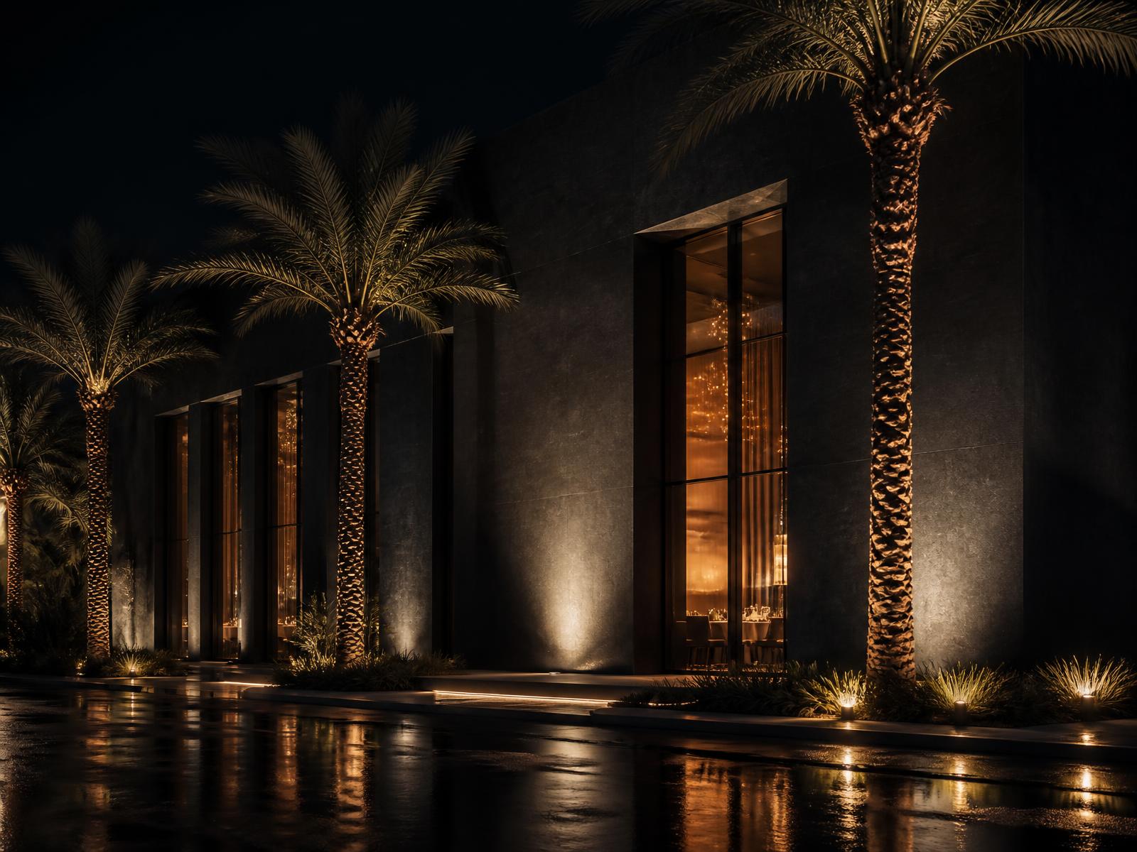 Exterior of Lumière at night, warm light through tall windows