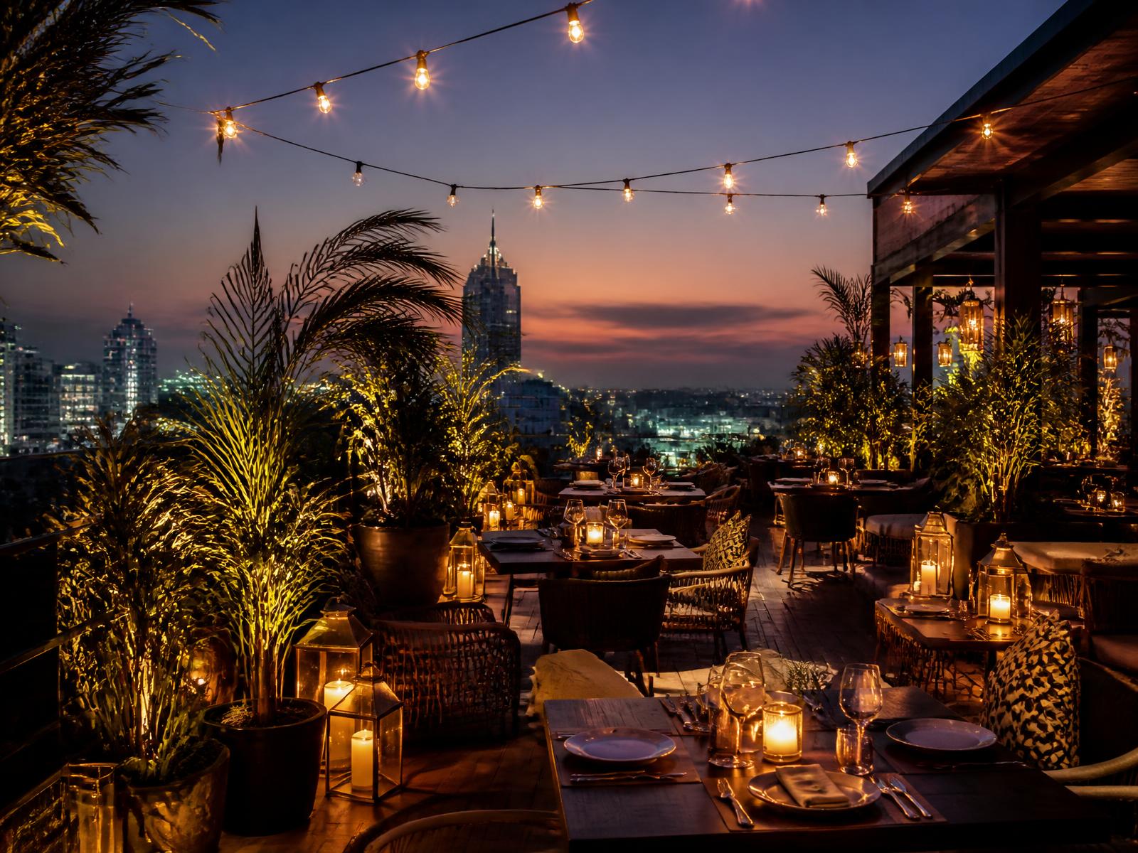 The Terrace at Lumière — Open-air tables under lanterns and palms, with the Abuja skyline behind you.